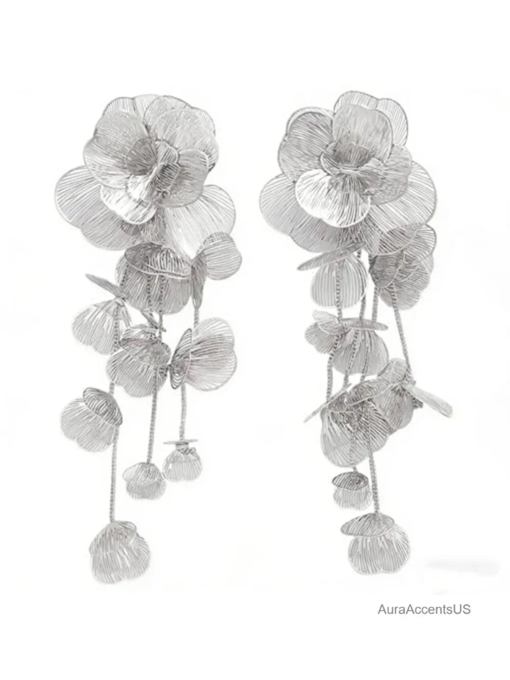 Silver-Tone Filigree Floral Dangle Earrings Long Drop Boho Statement Jewelry